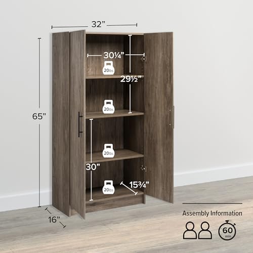 Prepac Elite 32" Drifted Gray Freestanding Storage Cabinet with 3 Adjustable Shelves Prepac