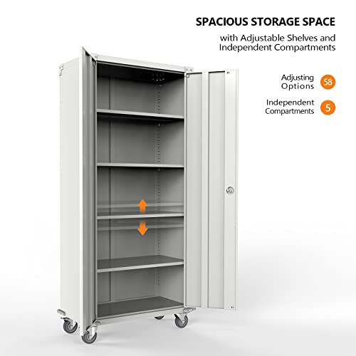 VINGLI 72" Tall Metal Storage Cabinets with Doors and 4 Adjustable Shelves for Garage, Office, Classroom, Laundry&Utility Room with Wheels, Grey, 32W VINGLI