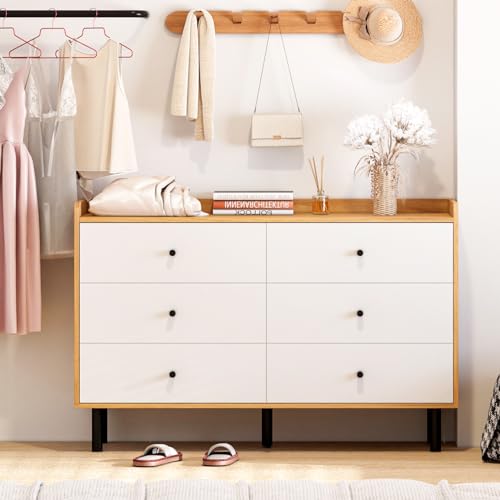 MAISONPEX Dresser for Bedroom with 6 Drawers and Metal Handle,Sturdy Frame Modern Bedroom Furniture, Chest of Drawers, White Dressers with Drawers MAISONPEX