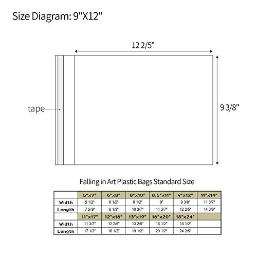 Falling in Art Acid Free 1.496mil (Single Side) Crystal Sealed Clear Bags for 9x12 Art Prints, Photos, 9 3/8 Inches by 12 2/5 Inches, 25-Pack Falling in Art