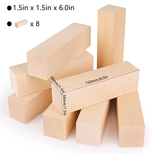 RHBLME 8PCS Basswood Carving Blocks, 6.0in x 1.5in x 1.5in Unfinished Wood Blocks for Carving, Wooden Carving Blocks Cubes Soft Solid Kit, Great for RHBLME