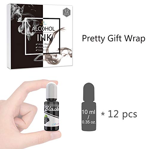 White & Black Alcohol Ink Set - 4 Ounce White and Black Alcohol-Based Inks for Resin Petri Dish Making, Epoxy Resin Painting, Yupo Paper - Alcohol DecorRom