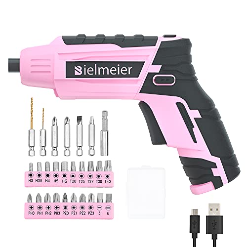 Bielmeier Pink Electric Screwdriver Kit 5N.m,4V Lithium-ion Battery Cordless Mini Drill Set Rechargeable with LED Light and USB Charge Cable,27pcs BIELMEIER