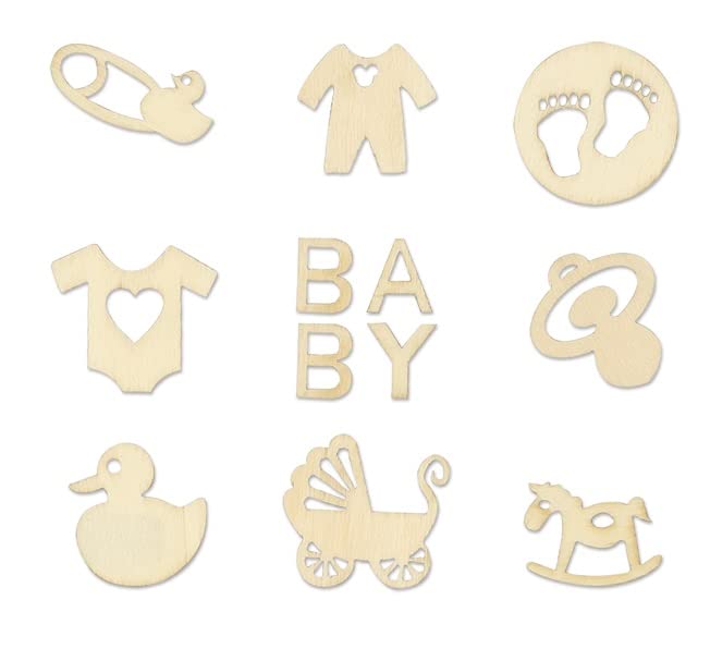 Mini Laser Cuts Wood Shape - Baby - Pram, Rocking Horse, Pacifier, and More - 45 Pieces - 1'' Across Forever in Time