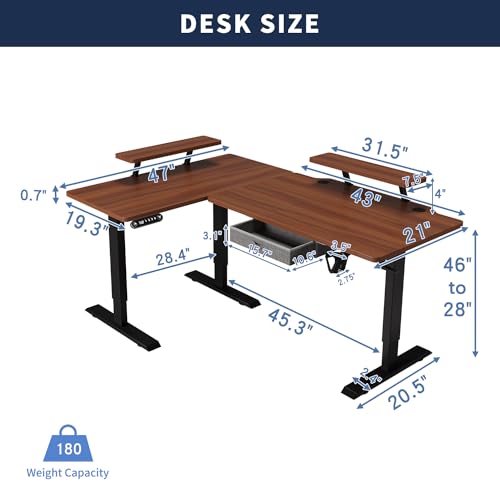 HEONAM L Shape Standing Desk with Drawer, 63x47 Inches Height Adjustable Sit Stand Up Desk with Storage Shelf, Home Office Desk Computer Workstation HEONAM