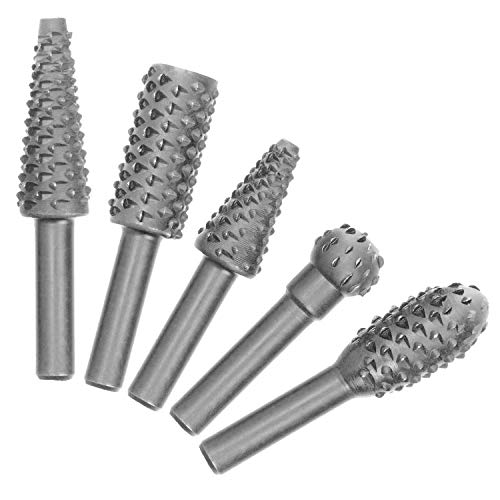Rotary Burr Rasp Set - 5Pcs Wood Carving File Drill Bits, 1/4 Inch Round Shank Chisel Shaped Embossed Grinding Head DIY Woodworking Power Tools for JONMON