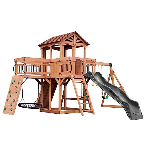 Backyard Discovery Sterling Point All Cedar Wooden Swing Set, Raised Clubhouse, Grey Wave Slide, Web Swing, Climbing Wall, 10ft Wave Slide, 2 Belt Backyard Discovery