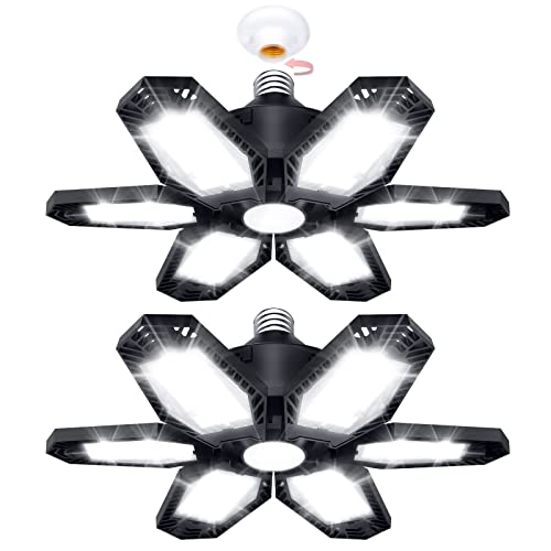 TANBABY 2 Pack LED Garage Lights, 30000LM Deformable Best Garage Light Ceiling LED Shop Lights, 150W E26/E27 LED Light Garage Lighting with 6+1 TANBABY