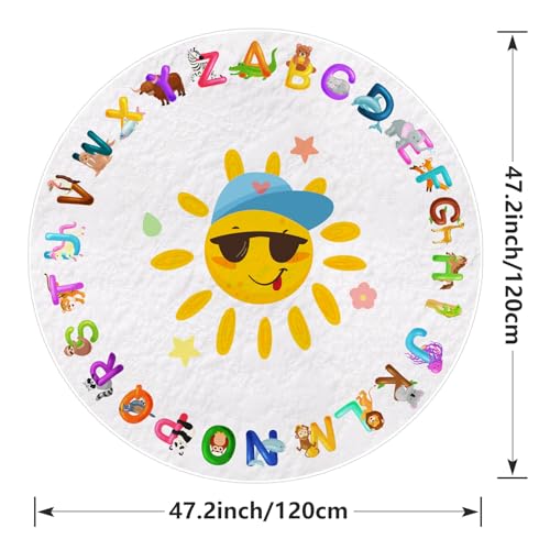 Round ABC Alphabet, Animals Educational Rug, Kids Area Rug, Washable Nursery Rug for Kids Bedroom, Non-Slip Play Mat Ultra Soft Non-Slip Carpet Fubullish