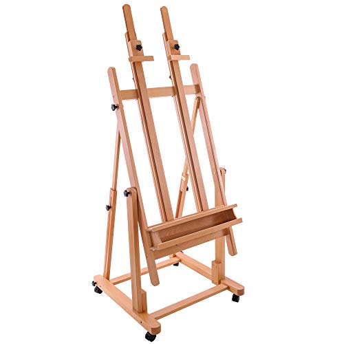 U.S. Art Supply Extra Large Double Mast Wooden H-Frame Studio Floor Easel with Artist Storage Tray - Adjustable, Tilts Flat, Premium Beechwood Canvas US Art Supply