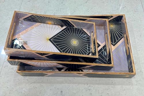 Wooden Serving Tray with Handles - Three Piece Nested Breakfast Tray - Wood Crafts Trays for Organizing | Bathroom Tray - Food Trays for Party Buffet THOR INSTRUMENTS