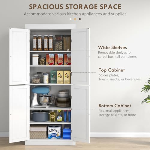 HOMCOM 72.5" Kitchen Pantry Storage Cabinet, Freestanding Kitchen Cabinet with 4 Doors and Adjustable Shelves for Dining Room, White Wood Grain HOMCOM