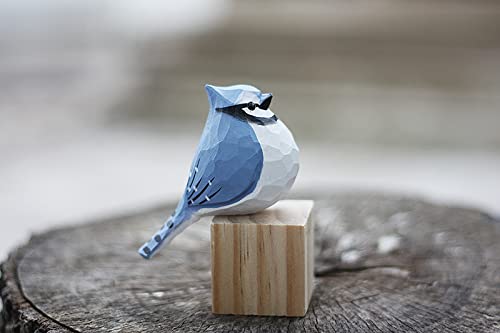 Hand Carved Wooden Bluejay Bird Figurine Wood Bird Statue Bird Scuplture for Shelf Decor WoodArtSupply