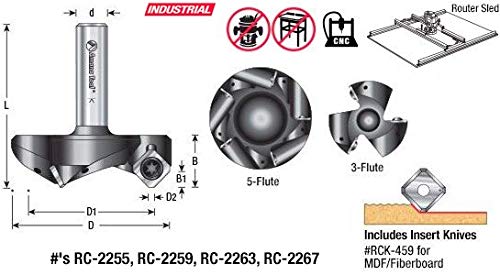 Amana Tool RC-2259-TG CNC Spoilboard Insert Carbide 5 Wing, Surfacing, Planing, Flycutting & Slab Leveler 3-27/32 Diameter x 3/4 SHK Router Bit for Amana Tool