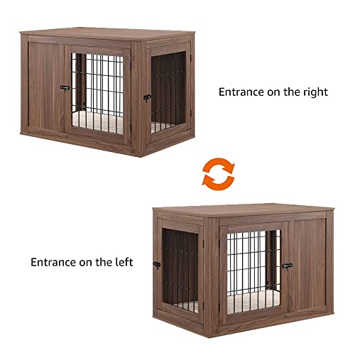 unipaws Furniture Style Dog Crate End Table with Cushion, Wooden Wire Pet Kennels with Double Doors, Medium Dog House Indoor Use (Walnut, Medium) unipaws