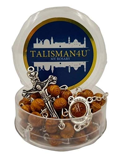 TALISMAN4U CATHOLIC ROSARY NECKLACE Olive Wood Carved Beads With Jerusalem Soil & Cross Crucifix in Gift Box TALISMAN4U