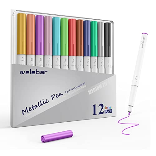 Welebar 12 Pack Metallic Pen Set, 1.0 Tip Marker Pen for Cricut Maker 3/Maker/Explore 3/Air 2/ Air, Metallic Ink Markers for Writing, Drawing, Welebar