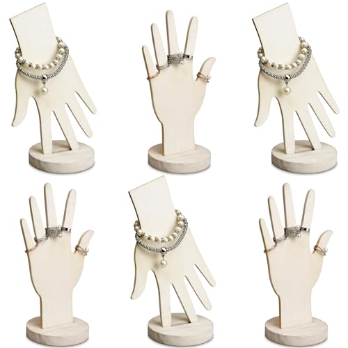 MOOCA 6 Pcs Wooden Hand Form Jewelry Display Set, 2 Way Design for Wall Hanging or Standalone Mannequin Finger Hand Display, Wash White Color MOOCA