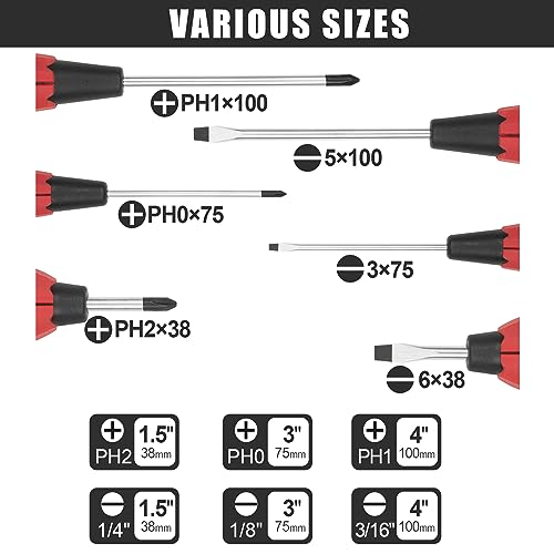 KURUI Magnetic Screwdriver Set, 6-Piece Screw Drivers Tool Set 3 Phillips and 3 Flat Head, Standard Screw Driver and Stubby Screwdriver Have KURUI