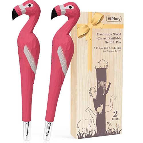 VIPbuy 2 Count 100% Handmade Wood Carved Gel Ink Pens -Novelty Refillable Writing Pens Office School Supplies Birthday Christmas Gift, Flamingo