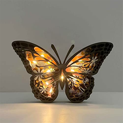 Fantasy J Wooden Animal Crafts Decor, Glowing Butterfly Decor,Multi-Layer The Forest Pine Tree Decoration,Wooden Cat Statue Desktop Decoration, Light