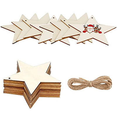 KINBOM 50 Pcs 4 inch Natural Wooden Star, Wood with Natural Twine Cutouts Shape Unfinished Wooden Star Embellishents for Christmas Home Party Wedding