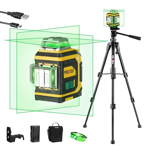 PREXISO Laser Level 3 X 360° with Tripod - Rechargeable Cross Line Leveler, Green Line Laser Level Self Leveling for Construction, Tile, Home Prexiso