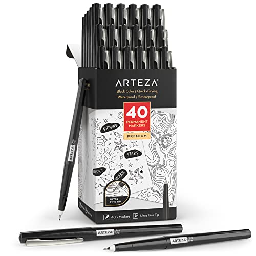 ARTEZA Permanent Markers, 40 Black Pens, Ultra-Fine Tip, Quick-Drying, Water Resistant, for Calligraphy and Note Taking, Office, Classroom ARTEZA