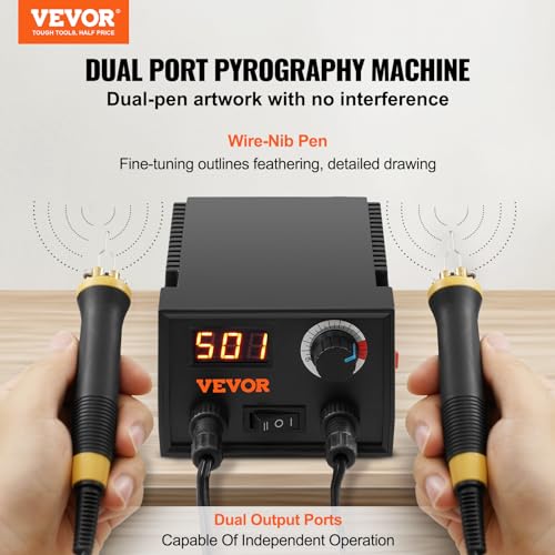 VEVOR Wood Burning Kit, 200~700°C Adjustable Temperature with Display, Dual Output Port with 2 Pyrography Pens, 23 Wire Nibs, 1 Pen Holder, 4 Wood VEVOR