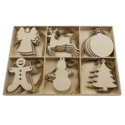 LUOEM 30pcs Wooden Christmas Hanging Ornaments Wood Angel Deer Ball Child Snowman Christmas Tree Cutout Hanging Embellishments Xmas Tree Hanging LUOEM