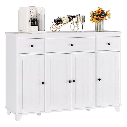 HIFIT Buffet Cabinet White Sideboard Storage Cabinet with 3 Drawers & 4 Doors Adjustable Shelves, 47” Modern Coffee Bar Cabinet, Wood Accent Cabinet HIFIT