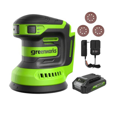 Greenworks 24V Orbital Sander Kit, 5" Random Sander Variable Speed, 2Ah Battery and Charger Included