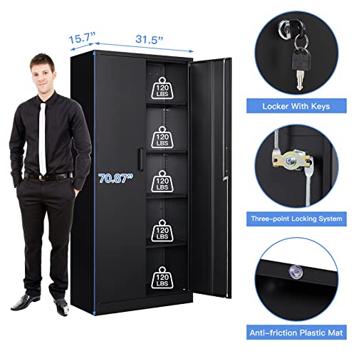 Yizosh Metal Garage Storage Cabinet with 2 Doors and 5 Adjustable Shelves - 71" Steel Lockable File Cabinet,Locking Tool Cabinets for Yizosh