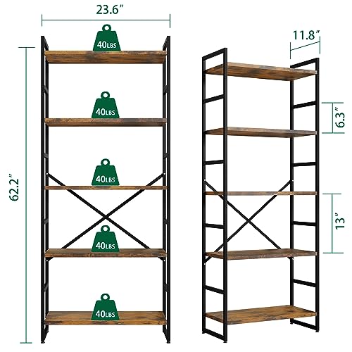 Shintenchi Rustic Brown 5-Tier Industrial Bookcase for Home, Office, and Living Spaces Shintenchi