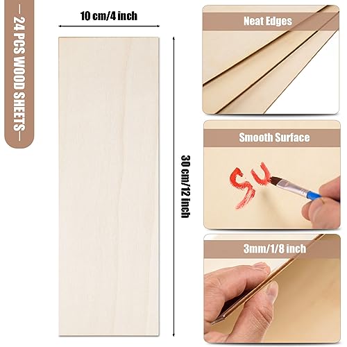 24 Pack Basswood Sheets for Crafts 12 x 4 x 1/8 Inch-3 mm Thick Unfinished Plywood Sheets Thin Craft Wood Sheets Boards for Drawing,Painting, Wood AWIZOM