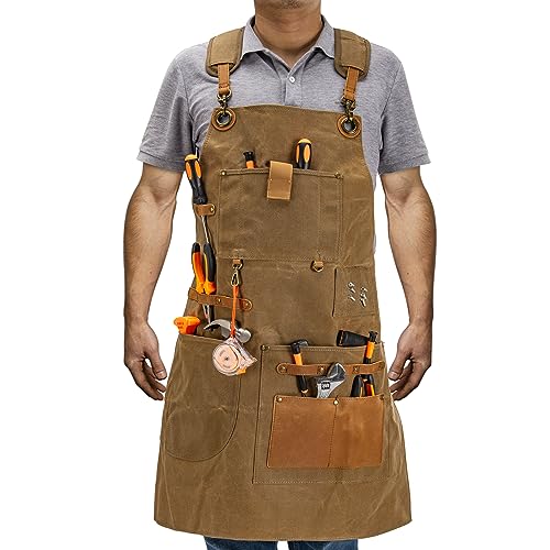 Work Apron with Tool Pockets - Heavy Duty Shop Apron for Woodworkers, Mechanics, Blacksmiths, Carpenters - M-XXL (Brown) Hamks