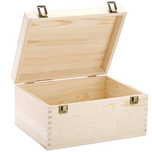 Frcctre Extral Large Unfinished Wooden Box, 13 x 10 x 6.5 inch Natural Unfinished Pine Wood Box with Hinged Lid and Front Clasp for DIY Craft Art Frcctre