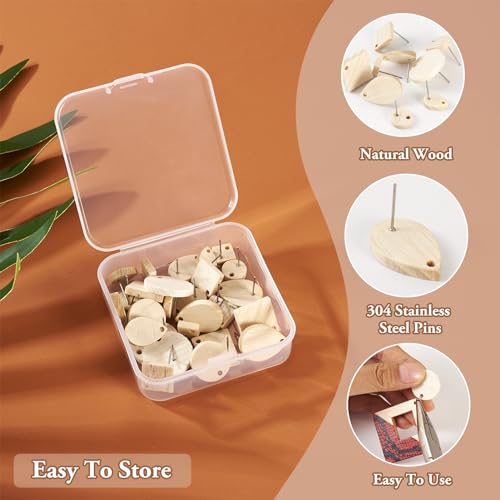 FASHEWELRY 36Pcs Wood Earring Blanks Natural Teardrop Flat Round Wood Stud Earring Findings Rhombus Wheat Color Wooden Earring Posts for Jewelry FASHEWELRY