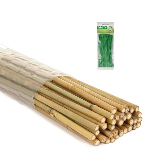 Moromyse 25 Pcs 4 Ft Bamboo Garden Stakes with 100 Ties Natural Bamboo Plant Stakes for Tomatoes Cucumber Grapes Pole Beans Trees Potted Dahlia Moromyse