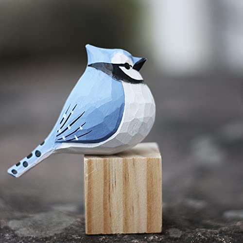 Hand Carved Wooden Bluejay Bird Figurine Wood Bird Statue Bird Scuplture for Shelf Decor WoodArtSupply
