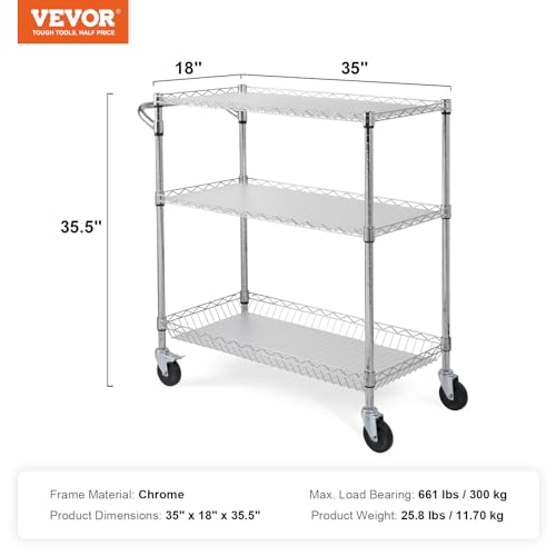 VEVOR Kitchen Utility Cart, 3 Tiers, Wire Rolling Cart with 661 LBS Capacity, Steel Service Cart on Wheels, Metal Storage Trolley with 80 mm Deep VEVOR