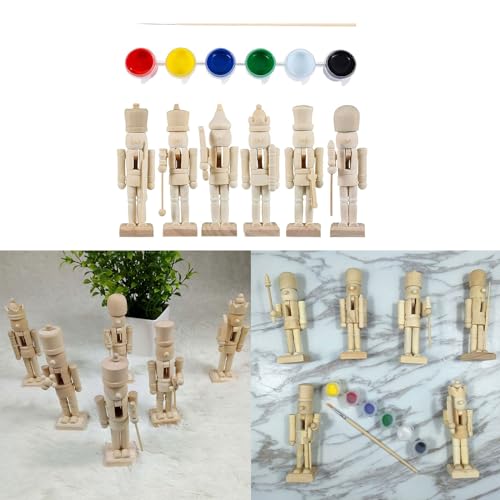 6pcs DIY Wooden Christmas Nutcrackers, DIY Blank Unpainted Unpainted Puppet Walnut Soldier With Paint & Brush For Christmas Decoration YmilemY