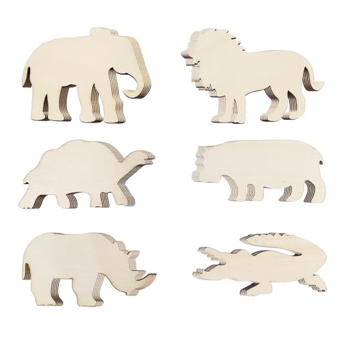 30 Pack Unfinished Wood Animal Cutouts Jungle Animal Crafts Wood Elephant, Rhino, Lion, Hippo, Crocodile, Turtle Cutouts to Paint Wooden Safari