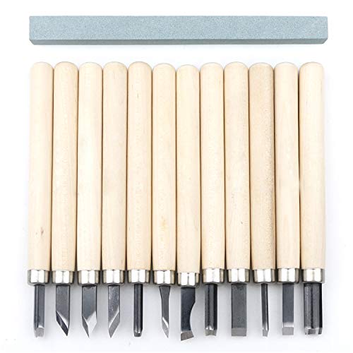 12Pcs Set Wood Carving Knives Tools Kit Unxuey Professional Carving Chisels Knife Kit with Protective Covers and Whetstone for Wood, Clay, Sculpting, Unxuey