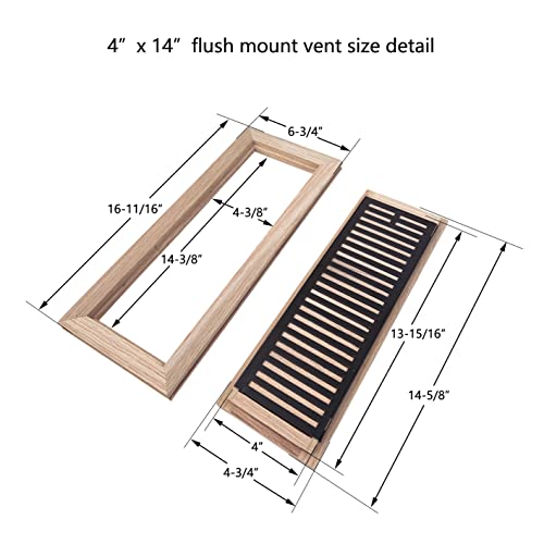 Homewell White Oak Wood Floor Register, Flush Mount Vent with Damper, 4X14 Inch, Unfinished Homewell