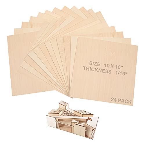 (24-Pack) 10”x10”x1/16” Balsa Sheets for Crafts - Perfect for Architectural Models Drawing Painting Wood Engraving Wood Burning Laser Scroll Sawing