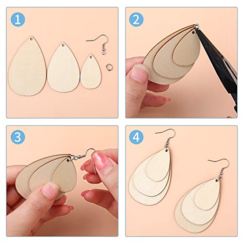 120 Pieces Unfinished Wooden Earrings Blanks Wooden Teardrop Earrings Set Wood Pendants with 60 Pieces Earring Hooks and 60 Pieces Jump Rings for Hicarer