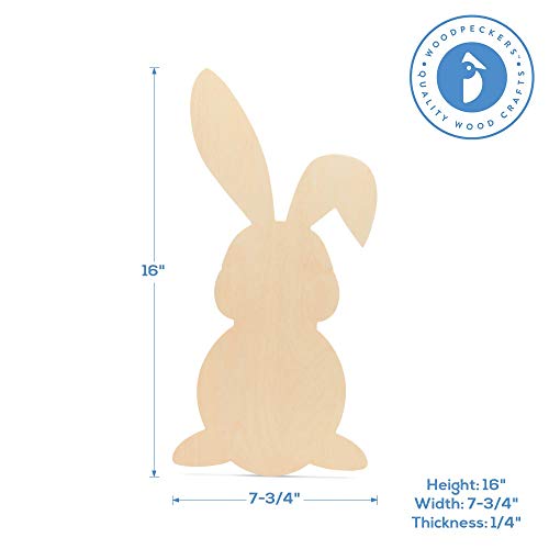 Large Wood Bunny Cutout 16-inch x 7-3/4-inch, Pack of 3 Unfinished Wood Cutout to Paint for Easter Crafts Spring Decorations, Year-Round Crafts, and Woodpeckers