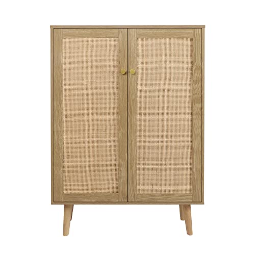 Anmytek Rattan Cabinet, 44" H Tall Sideboard Storage Cabinet with Crafted Rattan Front, Entryway Shoe Cabinet Wood 2 Door Accent Cabinet with Anmytek