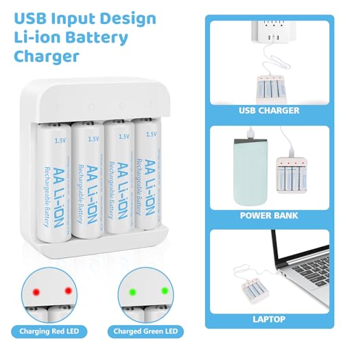 4 Pack 3600mWh Rechargeable 1.5V Lithium AA Batteries with Charger (4-Bay Independent Slot), Long Lasting Double A Size Battery for Blink Camera winbasic